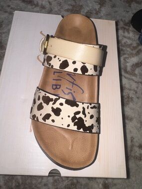 Women’s Cream Cow-Print Double-Strap Sandal with Beige Accent